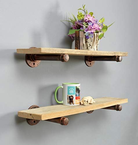 Rustic Farmhouse Reclaimed Wood Shelves | Barnwood Shelves | Set of 2 | 24 Inches (Genuine Salvaged/Reclaimed) | with Red Bronze Industrial Pipe Brackets | Made in USA (Ohio) | 24" x 1" x 6"
