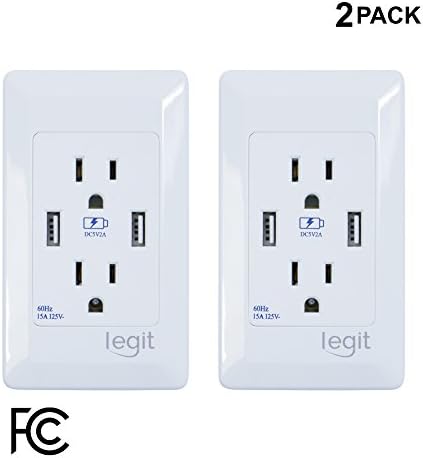 USB Wall Outlet Receptacle Socket White Duplex 2-Pack Smart Electrical Charging Station Screwless Wall Plate FCC Certified iPhone 7 8 X Samsung Compatible Rapid Charge