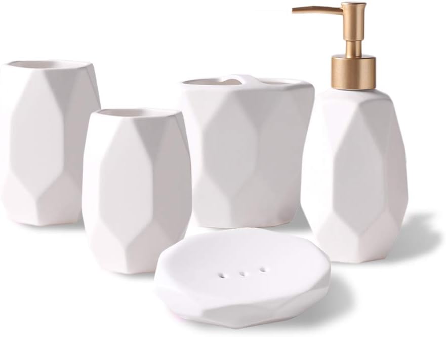 Jung Ford 5-Piece Ceramic Bathroom Counter Top Accessory Set - Dispenser for Liquid Soap or Lotion, Soap Dish, Toothbrush Holder and 2 Tumblers (White)