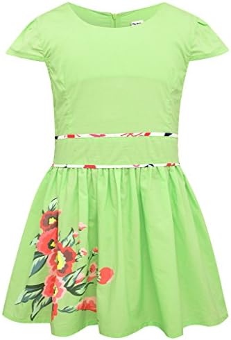 Kids Girls Dress Flowers Printed Short Sleeve Princess Pleated Green 10T