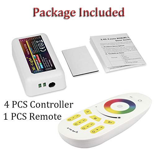 Mi Light Wireless 2.4G RF RGB + White/Warm White Controller Kit, 4 x Controllers and 4-Zone Remote, Wi-Fi Bridge Compatible, 4CH Multicolor RGBW/RGBWW LED Strip Light Controller