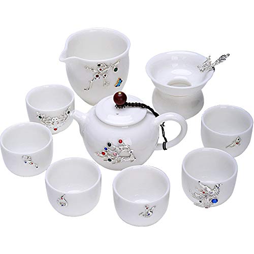 Ceramica in porcellana Argento Intarsio Tea Set Montone-grassi Jade Kung Fu classico caffè teiera di tè tazza di tè con…