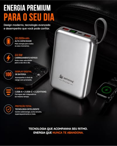 Power Bank 20000mAh PD 22.5W Carregador Portátil USB-C Display LED | Painel LED, Cabo Integrado, USB-C e Cabo Compatível com Iphone, Alça para Transporte, Carregamento Rápido,