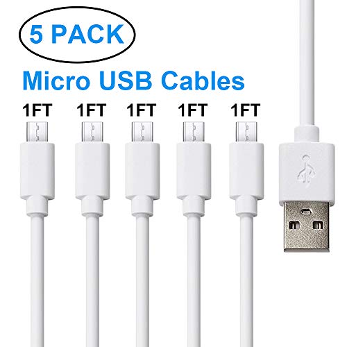 Short Micro USB Cable Android Charger 5 Pack, 1FT High Speed Charging & Sync Cord to Micro B Devices Compatible with Samsung HTC Nokia LG and More, Perfect for USB Charging Station Stand