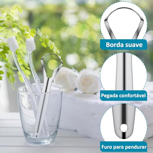 Kit 4 Raspadores de Língua em Aço Inoxidável, Elimina Mau Hálito, Antibacteriano e Higiênico, Fácil de Limpar