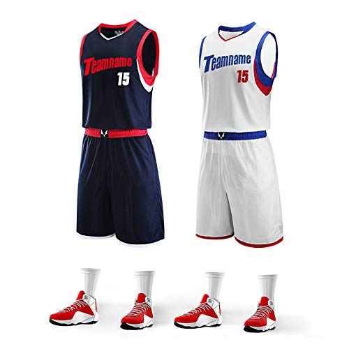 Personalized Basketball Jersey Sportswear Team Uniforms 2 Piece Set. Front & Back Name/Number. V Neck. (deep Blue)