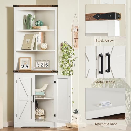 TEENFON Farmhouse Corner Cabinet, 70" H Tall Corner Hutch with 5 Shelves & 2 Barn Doors, Bathroom Cabinet with Adjustable Shelf, for Living Room, Kitchen, Bathroom, White