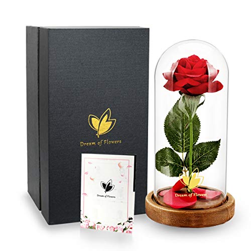 Dream of Flowers Beauty and The Beast Rose, Glass Dome brown Wood Base, Valentine's Party Gifts, Wedding Gifts, Best Gift for Her (N2)