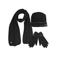 Black Plush Fur Trim Fleece 3 Piece Hat Scarf & Glove Set