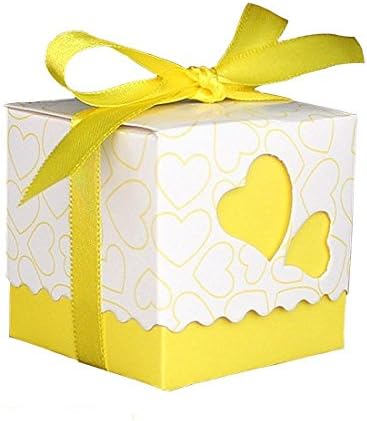 Heart Pack Shape Wedding Candy Box Sweets Gift Favor Boxes With Ribbon For Wedding Baby Shower Party Event Decoration(50pcs) (Yellow)