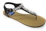 Womens T Strap Gladiator Sandals Flats shoes W/Iridescent Rhinestones (7, Black Rich-14)