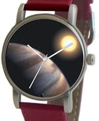 "Planet Star HD 209458" is The Hubble Image on The Dial of The Brushed Chrome Unisex Size Watch with a Red Leather Strap