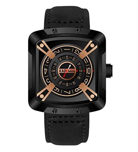 Kademan Black Business Casual Waterproof Leather Strap Square Dial with Unique Display and Rotating Logo Watch for Men and Boys