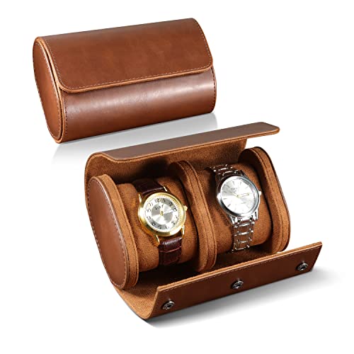 ROSELLE Watch Roll Travel Case for Men and Women- 2 Watch Storage and Organizer-Secure Storage with Innovative Removable Pillows & Solid Dividers for Home, Travel and Display (Brown-2 Slot)