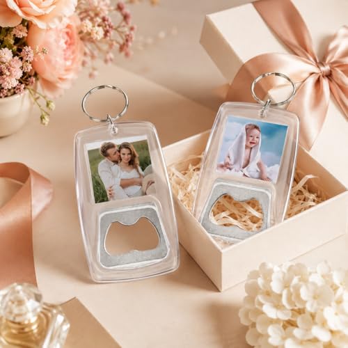 Llavero Destapador de Cerveza 50 Piezas, Destapadores para Recuerdos con Marco Acrílico para Foto 3.2 x 3.2 cm, Abridor de Botellas para Boda, XV Años, Bautizo, Cumpleaños, Fiestas y Eventos