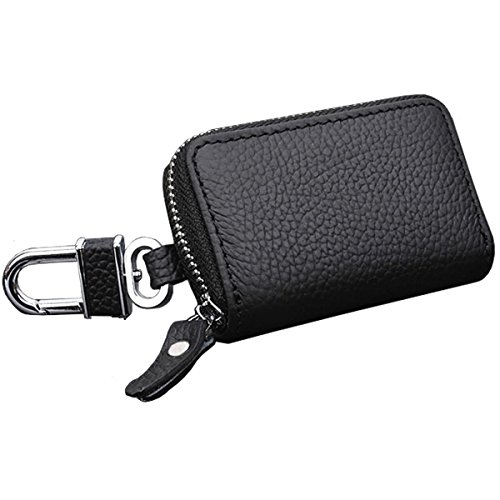 Car Key Chain Bag Key Chains Genuine Leather Smart KeyChain Coin Holder Case Cover Pouch Remote Fob Bag Keyring Wallet Zipper Case Black
