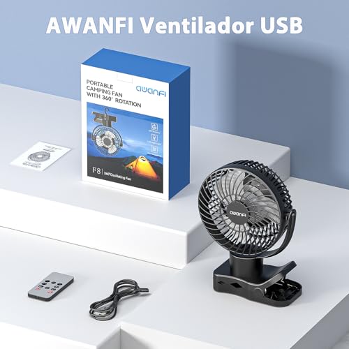 AWANFI 10000mAh Ventilador USB, Portátil Clip-on Fan, Recargable Ventilador con Mando a Distancia, Luz LED, Oscilación, Mini Ventilador de Mesa para Camping, Oficina, Habitacion, Cochecito
