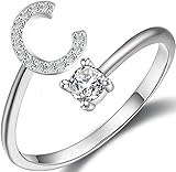 Haoze Initial Letter Ring for Women Girls Silver