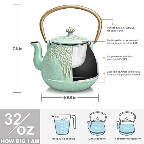 Cast Iron Teapot,Tea kettle cast iron,Tea pot with infusers for loose tea,Leaf Design Teapots