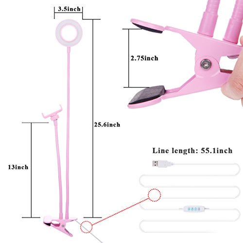 B-Land Cell Phone Holder with Selfie Ring Light for Live Stream, Flexible Mobile Phone Clip Holder Lazy Bracket Desk Lamp LED Light for Bedroom, Office, Kitchen, Bathroom (Pink)
