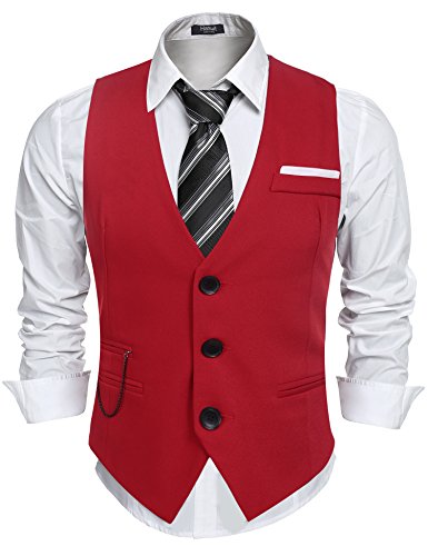 Hasuit Men's Business Suit Vests V-neck Sleeveless Slim Fit Jacket-S Red