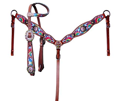 Showman Rainbow Tie Dye One Ear Leather Headstall & Breast Collar Set Horse TACK!