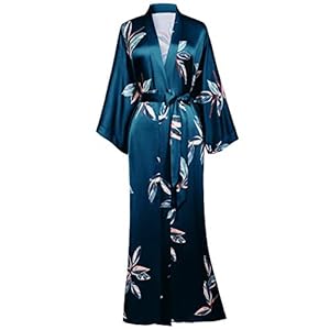 BABEYOND Dames ochtendjas bladerpatroon maxi lange kimono zomer satijn badjas dames strandjurk lichte slaapjas