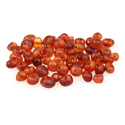 60 Loose Amber Beads - Raw Unpolished Cognac Color - 3-4mm Width - Pre-Drilled Holes Ready for Stringing Jewelry - Bulk DIY Supplies for Making Baltic Teething Necklaces, Bracelets & Jewelry