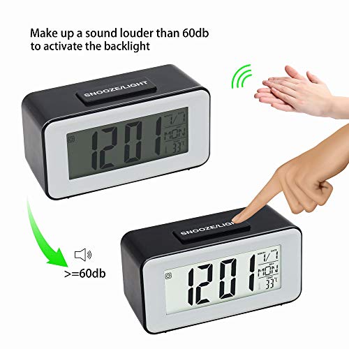 HAPITO Digtal Alarm Clock for Bedrooms - Sound Activated Backlight, Snooze, Time/Date/Temperature Display, 12/24 Hr and 16 World Time Zones for Kids, Desk, Bedside, Travel (Black) - Thumbnail 3