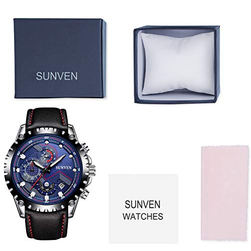 SUNVEN Man\'s Blue Watch Waterproof Sports Quartz Water Resistant 30M with Black Leather Strap Chronograph and Calendar Military Outdoor Style Fashion Watches for Men