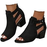 Jefuzh Womens Suede Peep Toe Chunky Heels Ankle Booties with Ankle Strap Cutout Wedge Back Zipper Sandals Dress Walking Boots