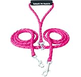 Pink Double Dog Leash for Two Dogs - 54 Inch Braided Tangle Free Dual Leash, Coupler - Strength Tested for Walking and Training Two Dogs