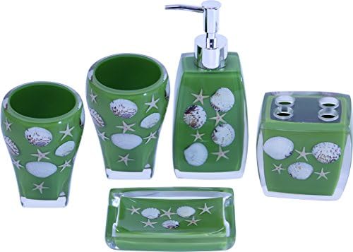 Chabaline 5-Piece Green Beach Complete Bathroom Sets Collection Of 2 Tumblers, Soap/Lotion Dispenser Pump Bottle, Toothbrush Holder, And Soap Dish