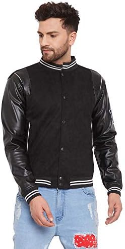 Fugazee Men’s Black Faux Seude Leather Sleeves Bomber Jacket