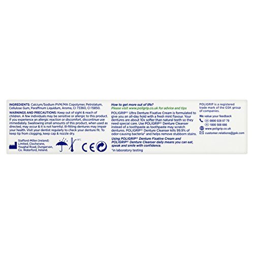 Poligrip Denture Adhesive Cream, False Teeth and Partials Fixative, Ultra, 40 gm