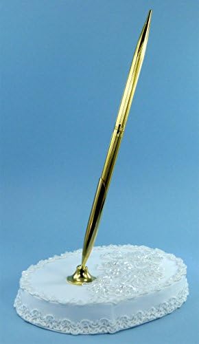 Elegant Wedding Pen and Satin Stand Set (#E0AF0PSwg) Adorned with Bugle Bead and Pearl Accented Lace Applique