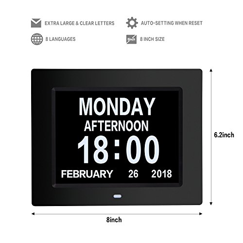 AmoVee Day Clock Calendar Day Digital Alarm Clock with Extra Large Non-Abbreviated Display for Elderly, Vision Impaired, Dementia, Memory Loss, Black