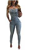 Women Sexy Lace Up Denim Jeans Jumpsuit Rompers Overalls Bodycon Bodysuit