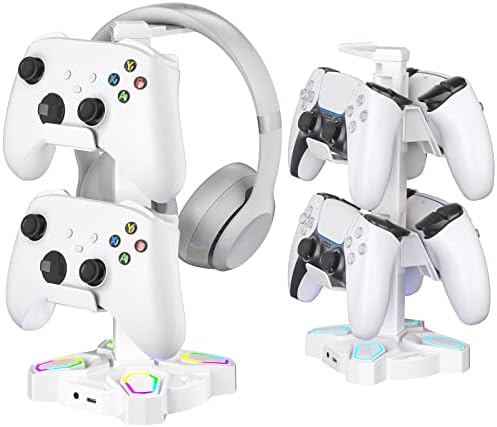 Gaming Headset Halterung LED mit USB Typ-C Ladegeräten, Universal Kopfhörer Halter & Controller Halter mit 9 Lichtmodi, Drehbare Headset Ständer mit 3,5mm AUX für Alle Kopfhörer PS4 Xbox (Weiß)