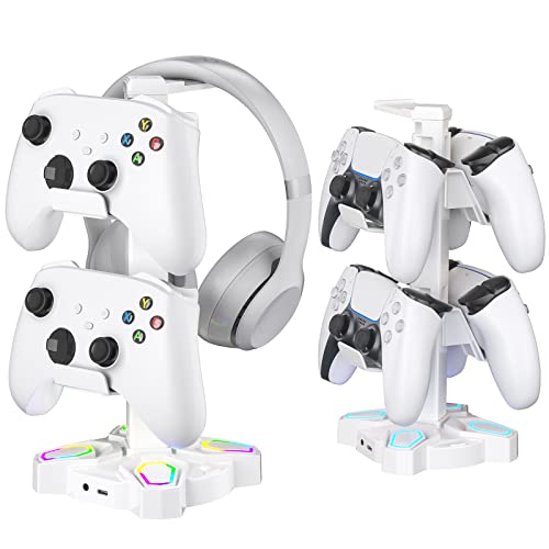 Soporte Auriculares Gaming, LED Soporte Cascos y Mando con 2 Puertos de Carga USB & 1 Tipo-C & 3,5mm Conector de Audio, Headset Stand con 9 Modos de Luz para Accesorios Gaming PC PS4 PS5, Blanco