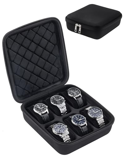 ProCase Travel Watch Case, 6 Slots Hard Shell Storage Box for Watch Bracelet Accessories, Zippered Organizer Bag for Women Men -Black