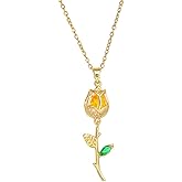 Dainty CZ Tulip Flower Pendant Necklace for Women Gold Plated Stainless Steel Elegant Crystal Leaf Charms Link Chain Choker Necklaces Delicate Birthday Holiday Anniversary Jewelry Gift 18 inch