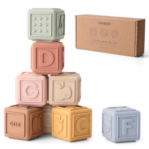 YIVEKO Baby Blocks Stacking for Babies Silicone Soft Building Blocks Teethers Montessori Toys for Babies Education Toys for Toddler Baby 8 PCS-Gentle