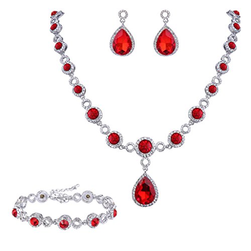 BriLove Women's Fashion Wedding Bride Crystal Infinity Figure 8 Teardrop Y-Necklace Tennis Bracelet Dangle Earrings Set Ruby Color Silver-Tone July Birthstone