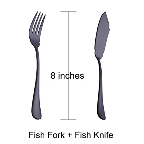 Black 4 Piece 8-inch Stainless Steel Flatware 2 Set with Fish Fork and Fish Knife Table Silverware Dishwasher Safe