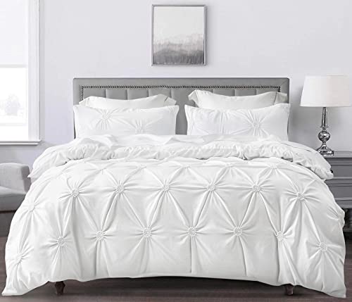 SLEEPBELLA Luxury Ruched Floral Pintuck 3pcs White King Comforter Sets, Soft Microfiber Inner Fill Down Alternative Shabby Chic Bedding Set