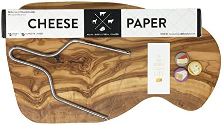 Olive Wood Cheese Board Gift Set with Formaticum Cheese Storage Paper, Cheese Wire, Fridge Magnets and Quote Card