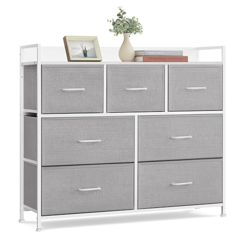SONGMICS Chest of Drawers, Bedroom Cabinet, 7 Fabric Drawers with Handles, Metal Frame, Quiet Grey and Matte White BELLAH Collection LTS523GD01