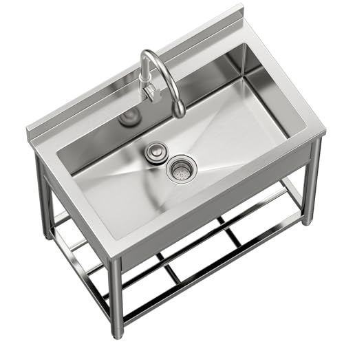 Vockol Large Stainless Steel Freestanding Sink, 90 cm Kitchen Sink with Pull Out Faucet, Freestanding Sink for Outdoor, Kitchen, Restaurant, Garage, Laundry Room, Jardi