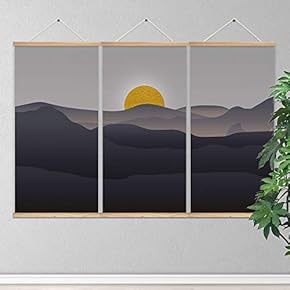 3 Panel Hanging Poster Wooden Framed Sun and Mountain Home Wall Canvas Prints Ready to Hang - 18"x36"x3 Panels